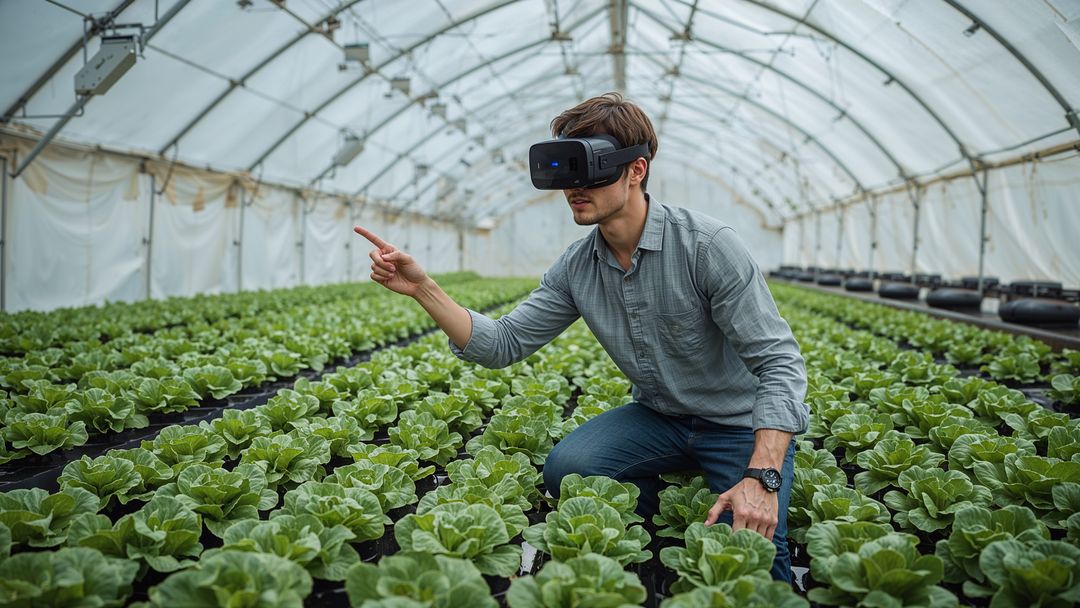 Man Using VR Headset for Hydroponic Farming in Greenhouse