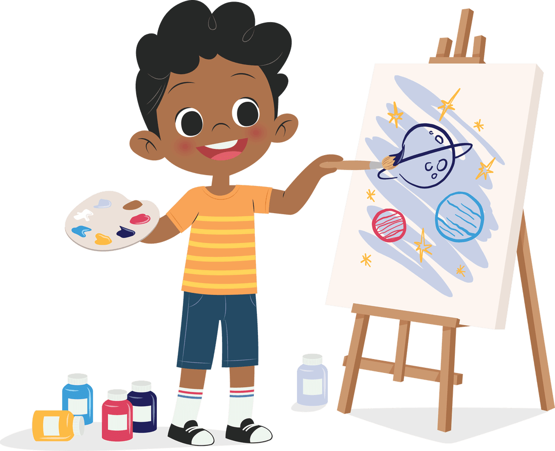 Transparent Animation of Child Painting Space Scene on Easel