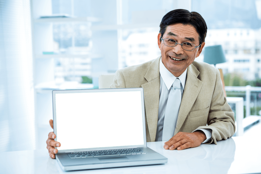 Smiling Asian Businessman with Transparent Laptop Screen
