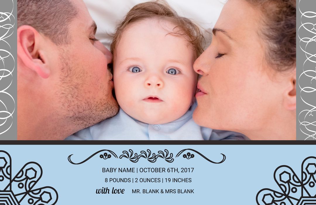 Newborn Baby with Parents Kissing Cheeks, Announcing Birth Date - Download Free Stock Templates Pikwizard.com