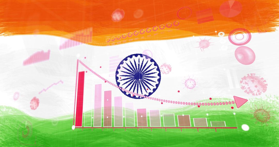 India Flag with COVID-19 Cells and Data Graph Illustration
