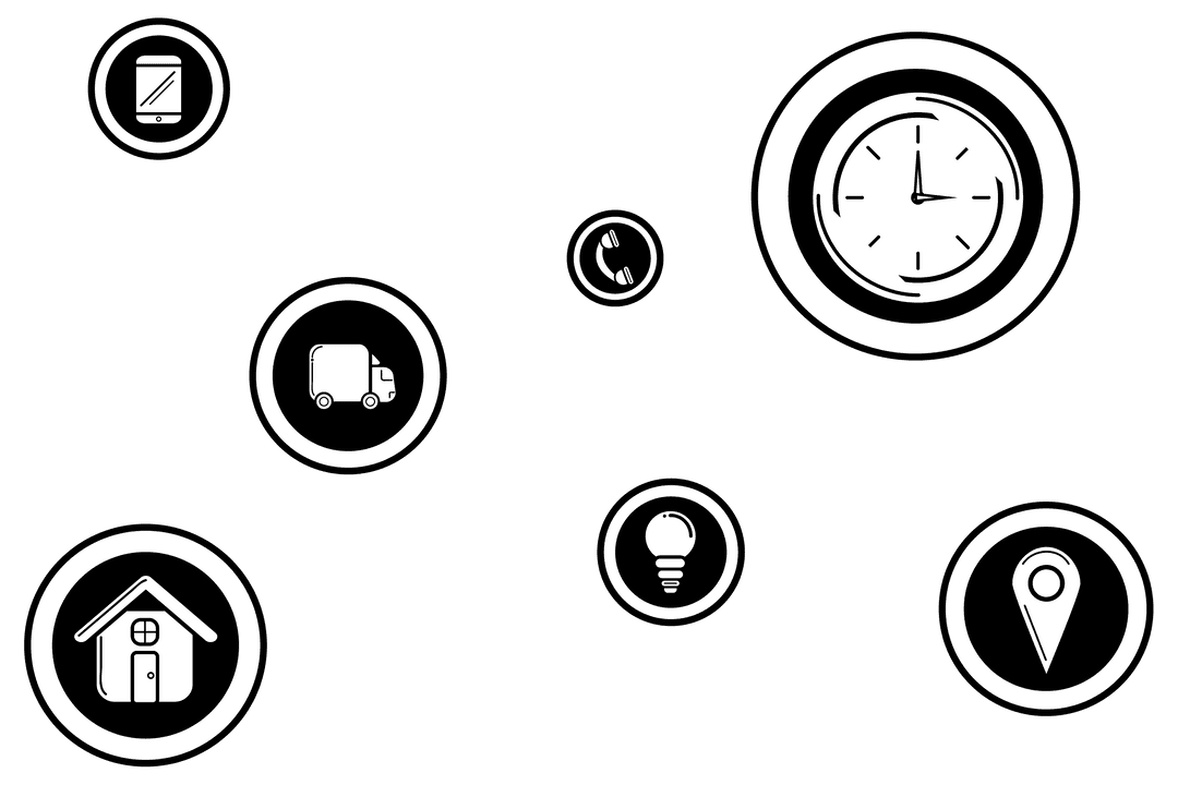 Digital Illustration with Transparent Icons of Clock Phone and Map Pin Elements