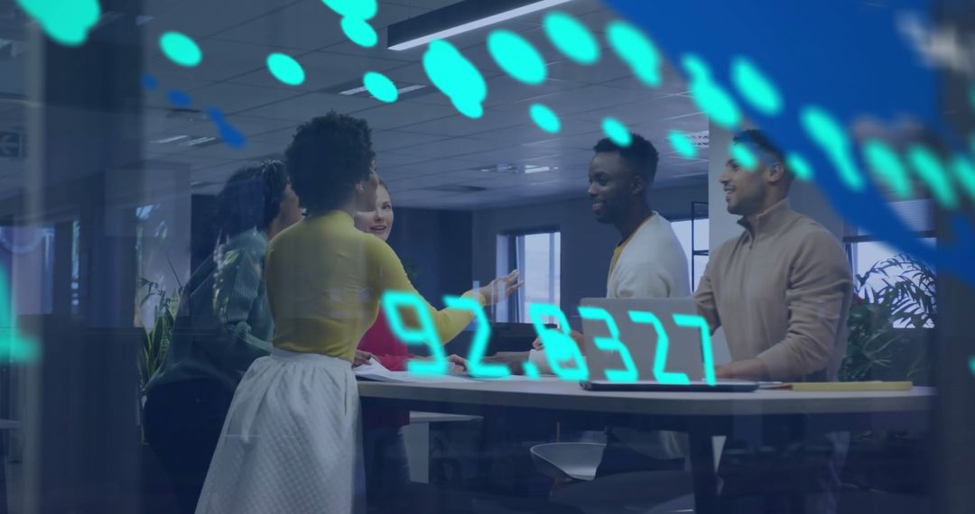 Business Team Collaborating with Digital Data Overlay in Modern Office