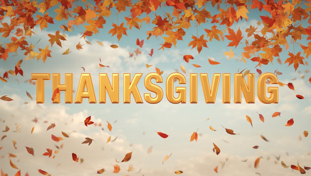 Golden 3D THANKSGIVING Text Floating Over Cloudy Autumn Sky with Falling Maple Leaves