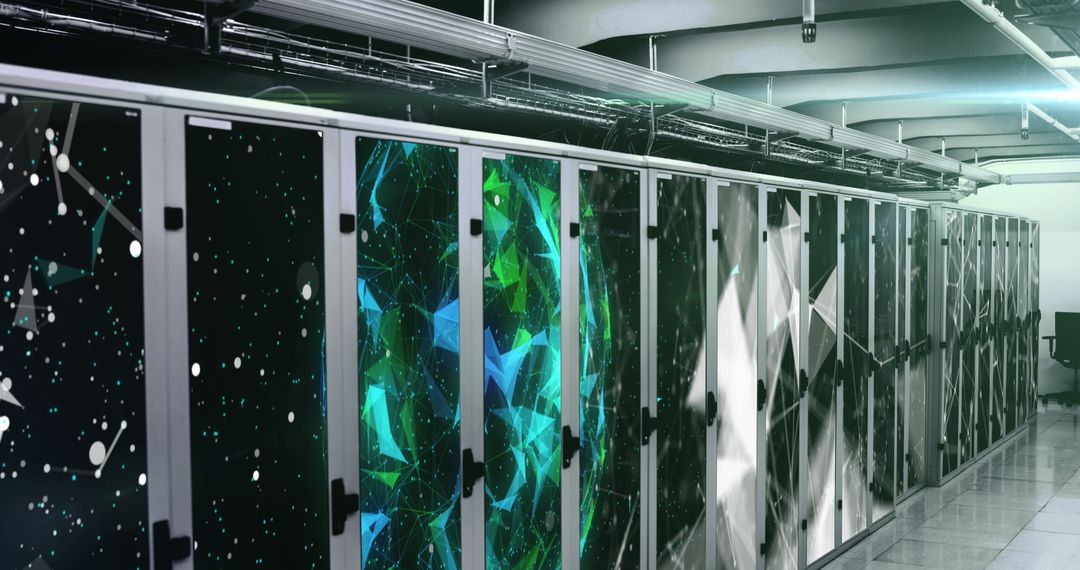 Futuristic Server Room with Digital Interface and Data Stream Visualization