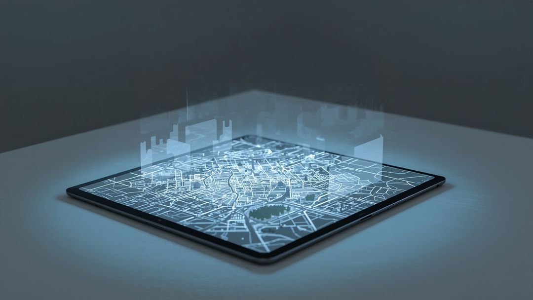 Tablet Hologram Display of Futuristic Cityscape