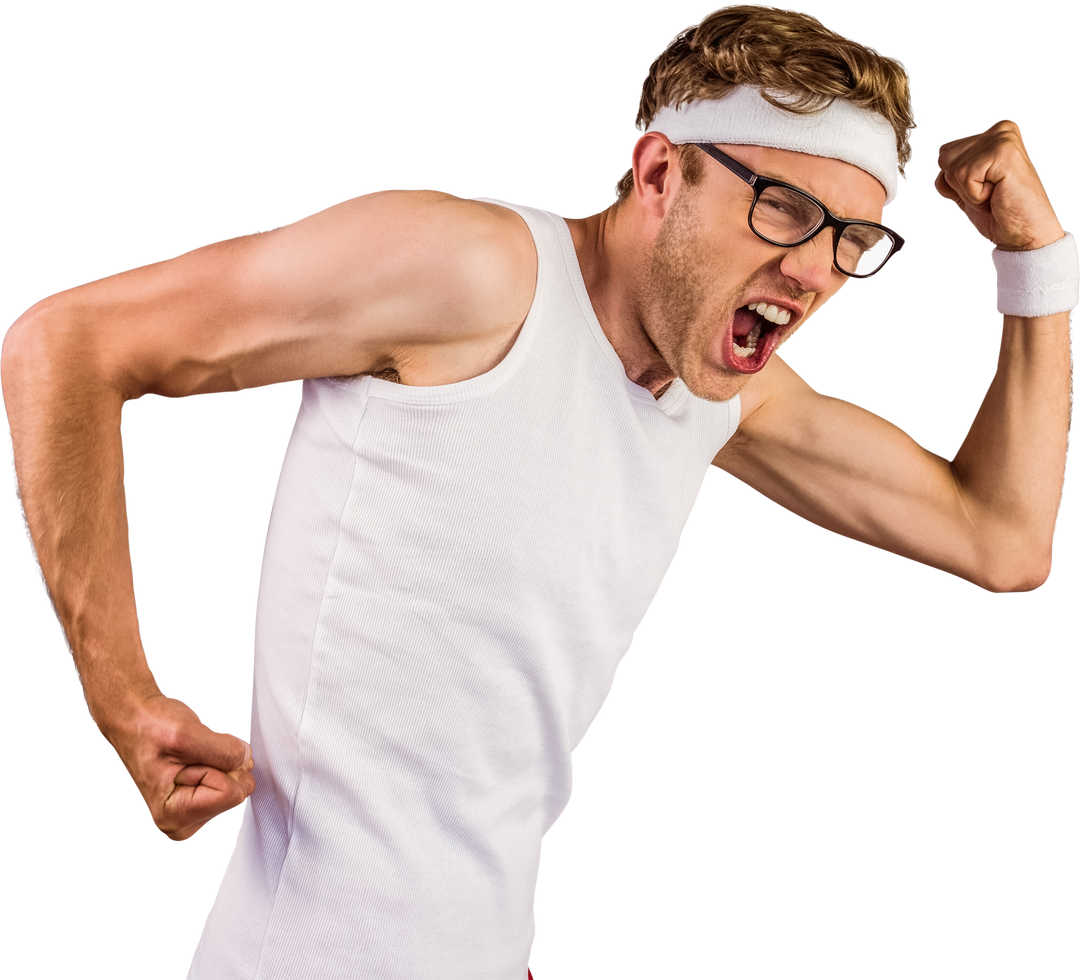 Geeky Hipster in Transparent Sportswear Striking Muscle Pose - Download Free Stock Images Pikwizard.com