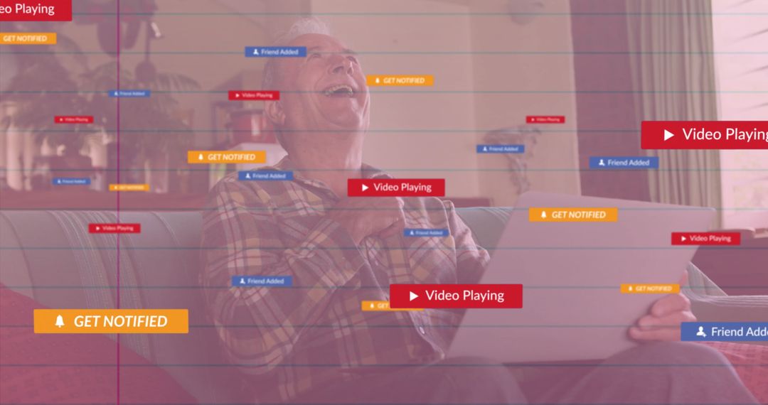 Elderly Man Enjoying Technology With Digital Notifications Overlaid