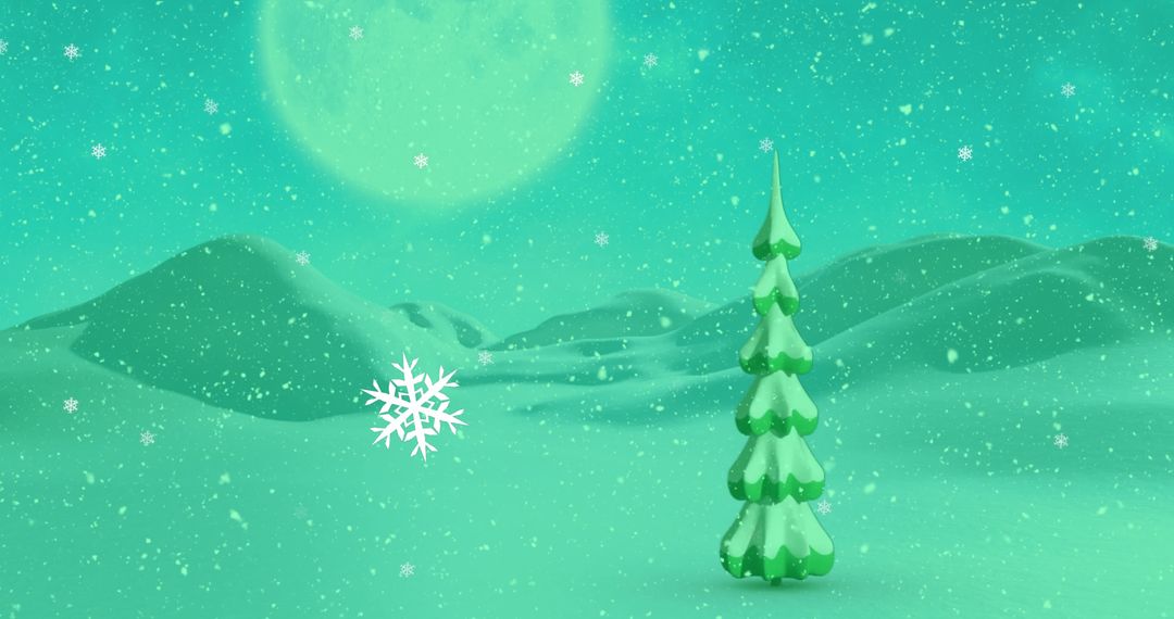 Enchanting Green Winter Wonderland with Snowy Tree and Mountains