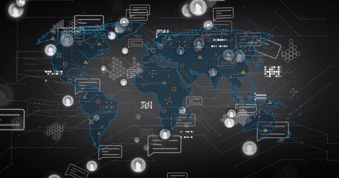 Global Digital Network Interface with User Icons and Chat Bubbles