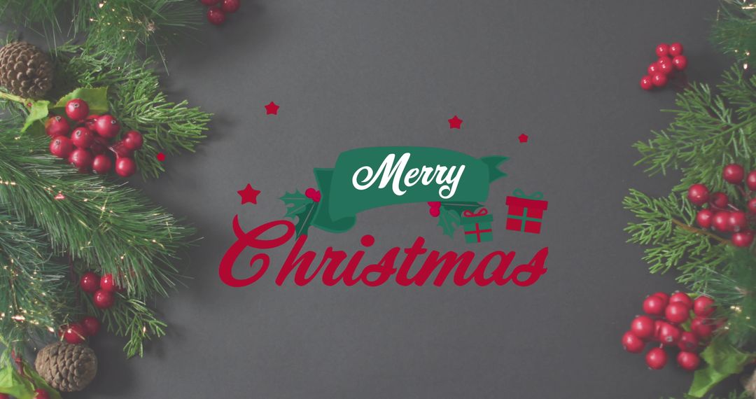 Festive Merry Christmas Text with Vibrant Greenery and Red Berries