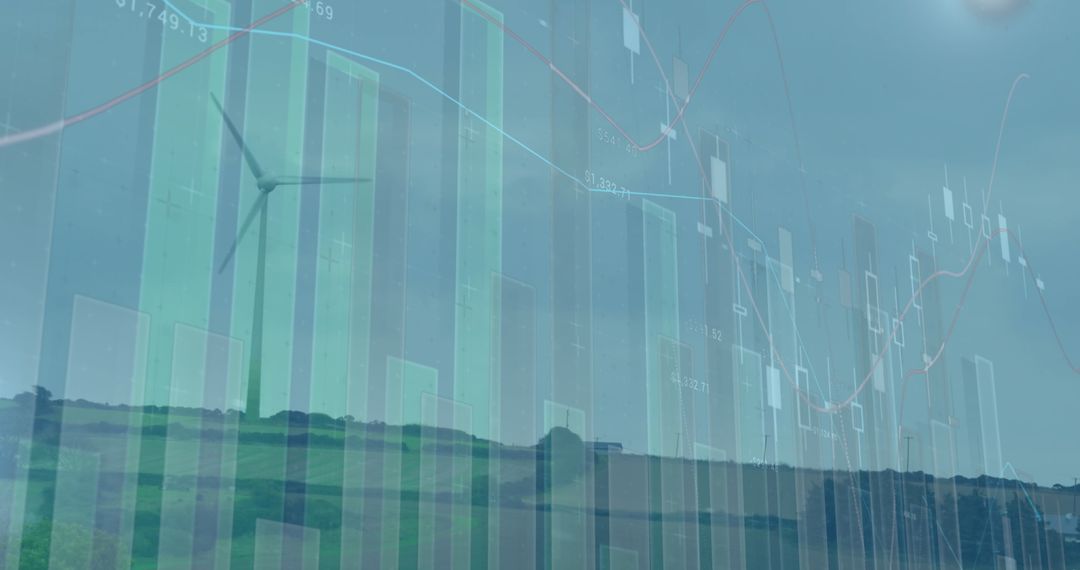 Overlay of Financial Graphs with Wind Turbine Landscape