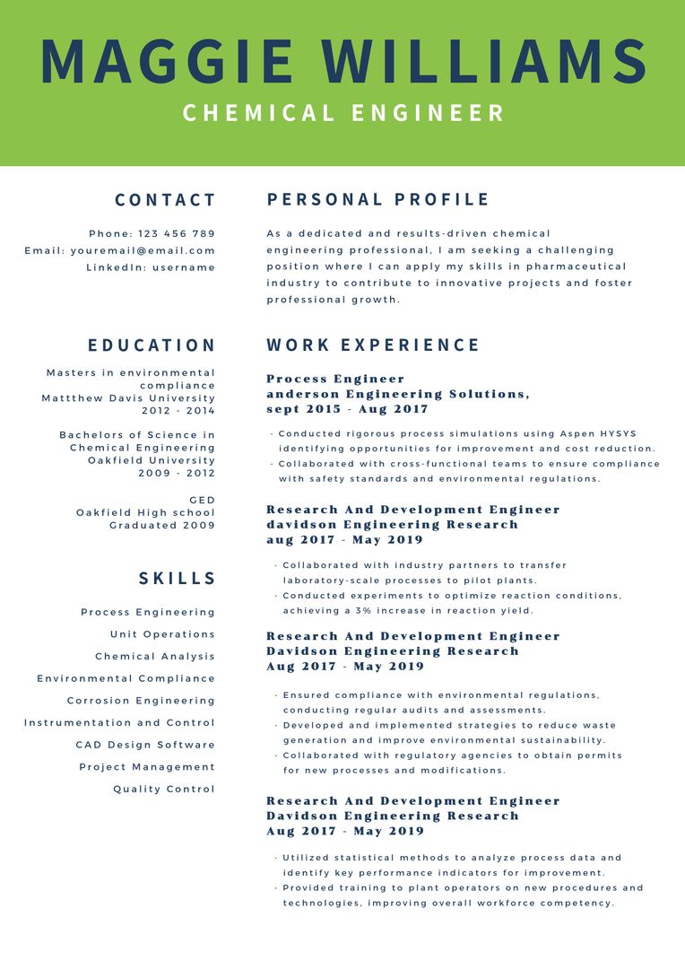 Modern Resume Template for Chemical Engineers with Professional Expertise - Download Free Stock Templates Pikwizard.com