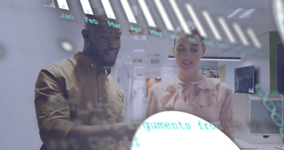 Multicultural Team Analyzing Financial Data with Innovative Technology Overlay