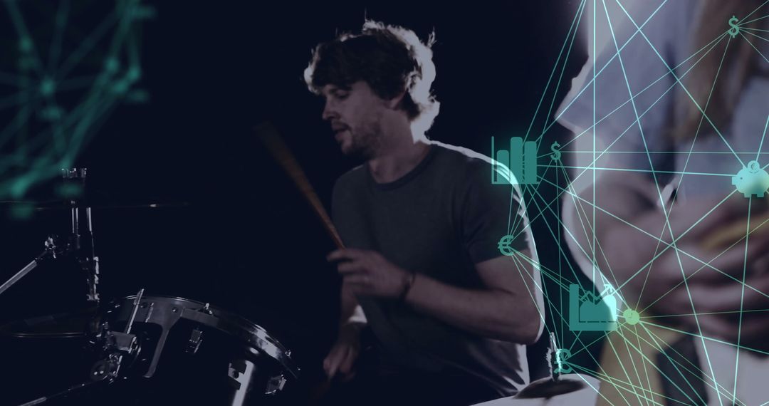 Musician Performing with Superimposed Financial Technology Elements