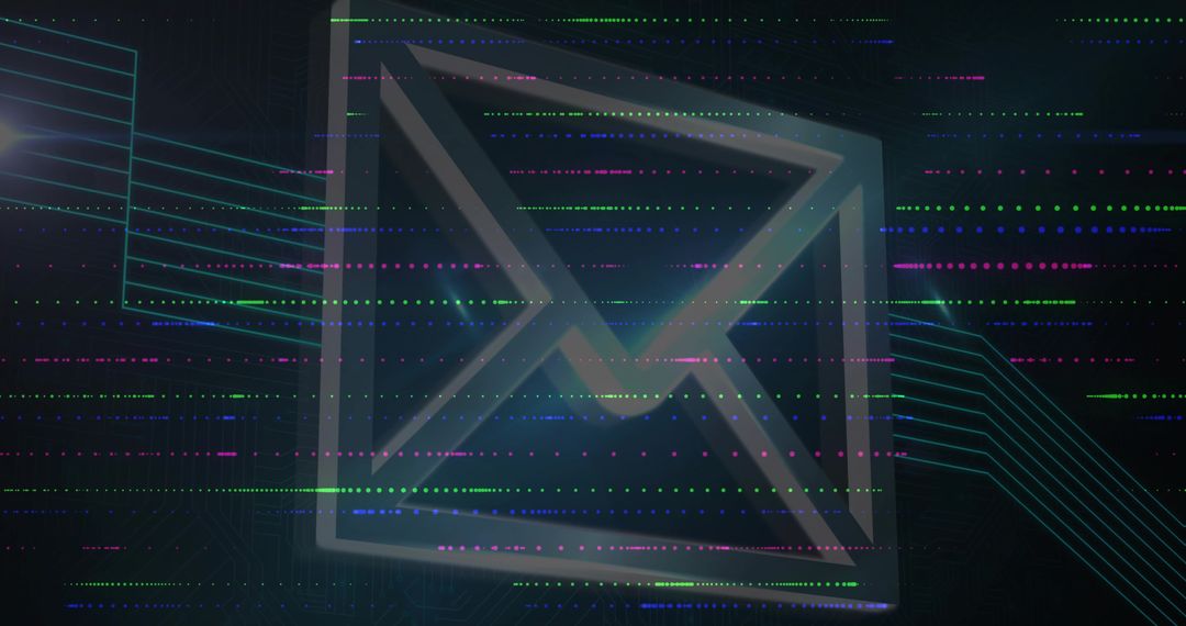 Neon Glitch Email Icon Over Cyber Circuit Background for Digital Communication Security