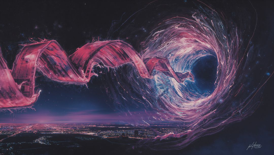 Magenta Vortex Portal Twisting Ribbon Over Neon Nighttime Metropolis Skyline