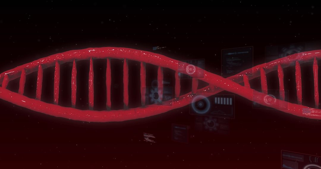 Digital Red DNA Helix with Interface Screens on Dark Background
