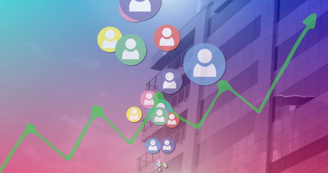 Digital Growth Concept with User Icons and Graph on Urban Building