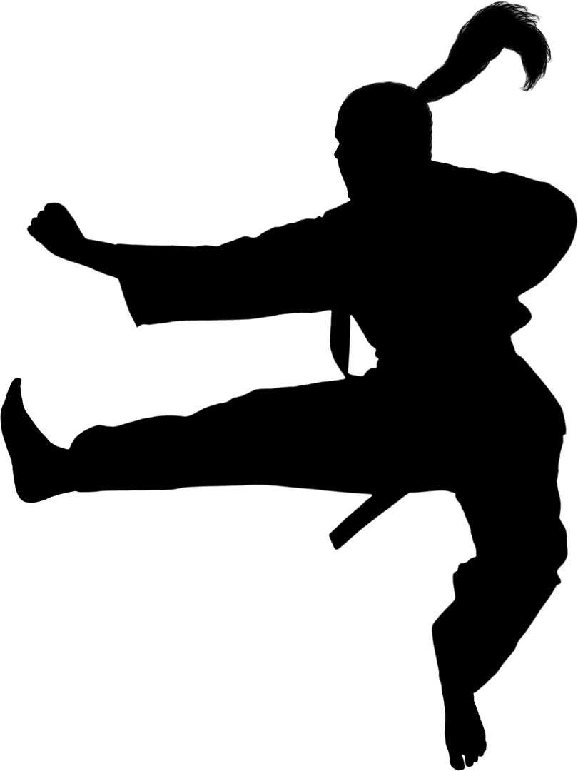 Martial Artist Silhouette Performing Dynamic Jump on Transparent Background