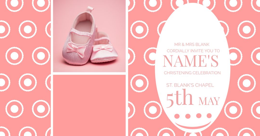Pink christening invitation with baby shoes design