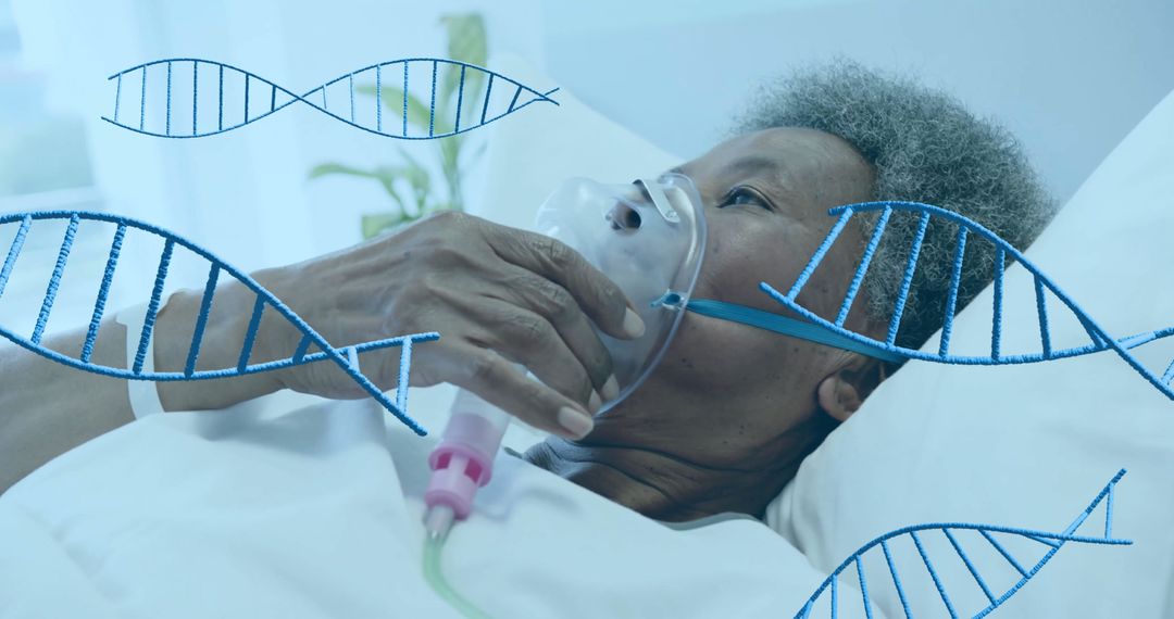 Elderly Patient with Oxygen Support and DNA Graphics in Hospital