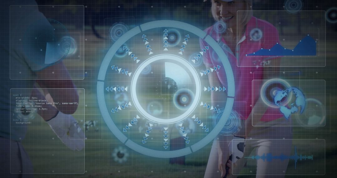 Golfer Couples Embracing Technology with Futuristic HUD Overlay