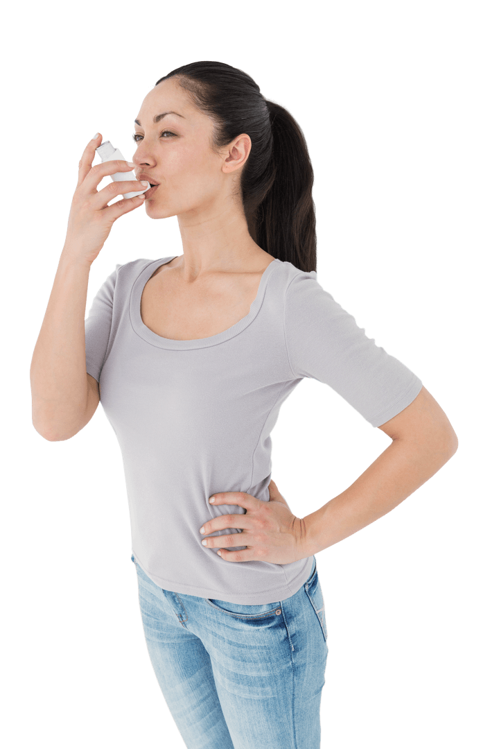 Woman using inhaler on transparent background adding health element - Download Free Stock Images Pikwizard.com