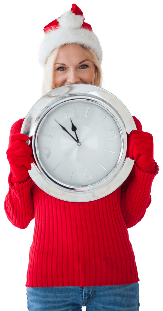 Festive Woman Holding Clock in Holiday Attire with Transparent Background