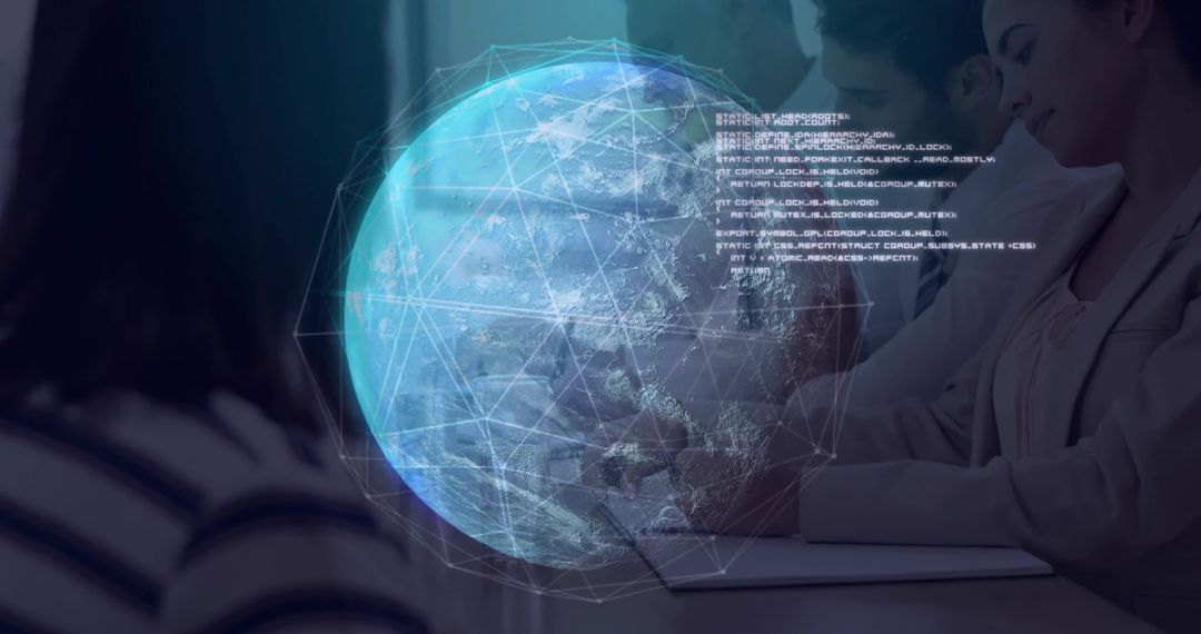 Business Team Analyzing Holographic Globe in Futuristic Meeting