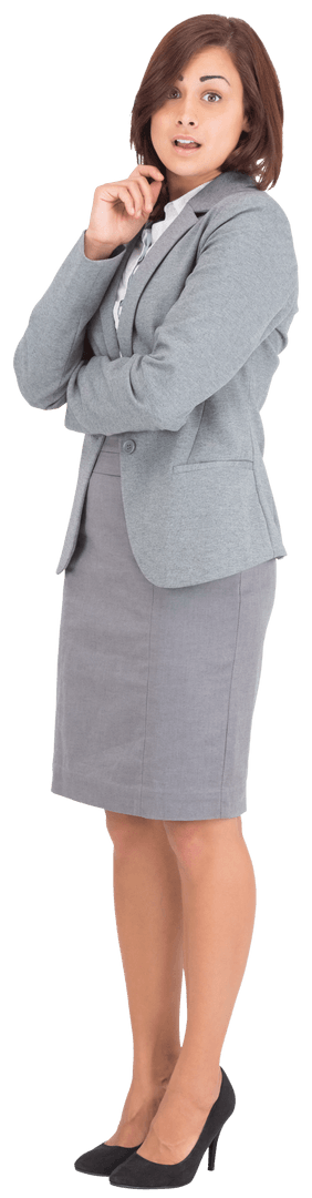 Transparent Hispanic Businesswoman Expressing Surprise in Formal Attire