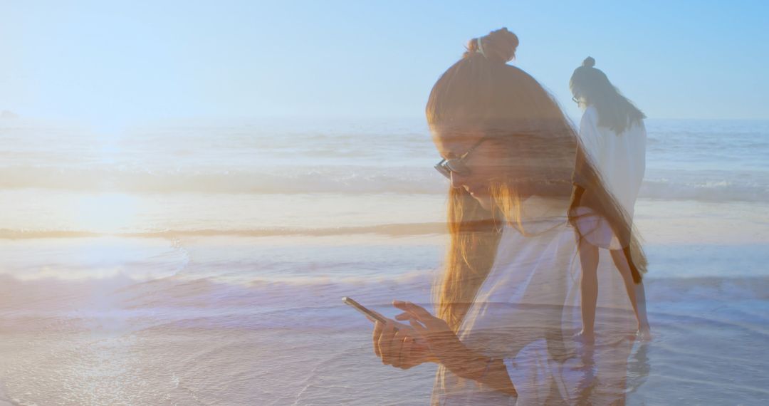 Woman Enjoying Beach while Multitasking on Phone