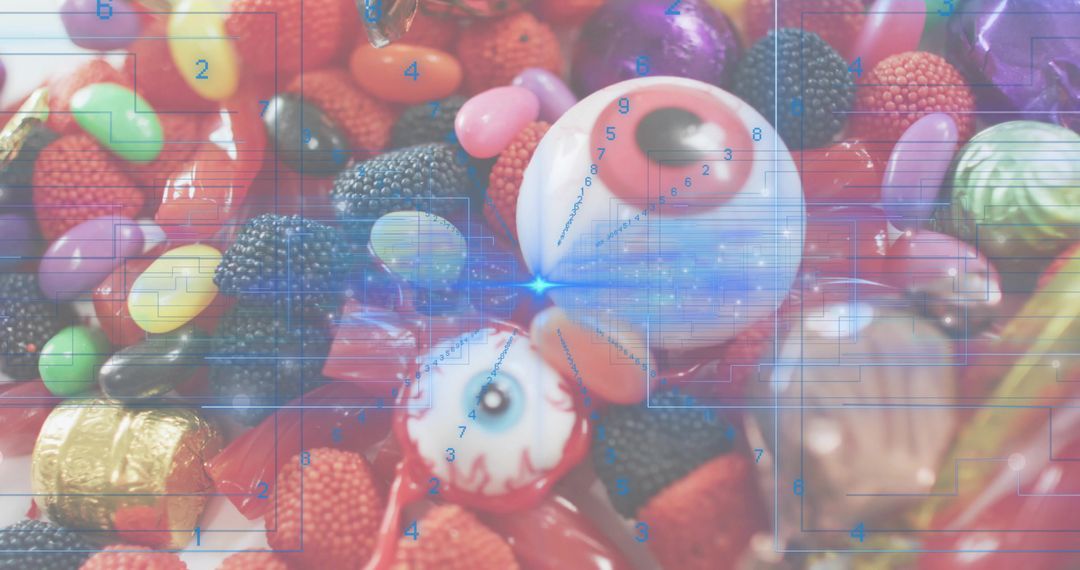 Novelty Eyeball Candies Sitting Among Colorful Gummies and Chocolates with Digital Grid Overlay