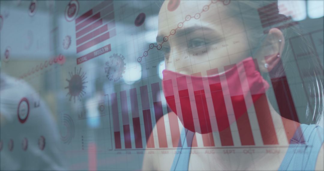 Masked Woman Exercising with COVID-19 Data Overlay at Gym