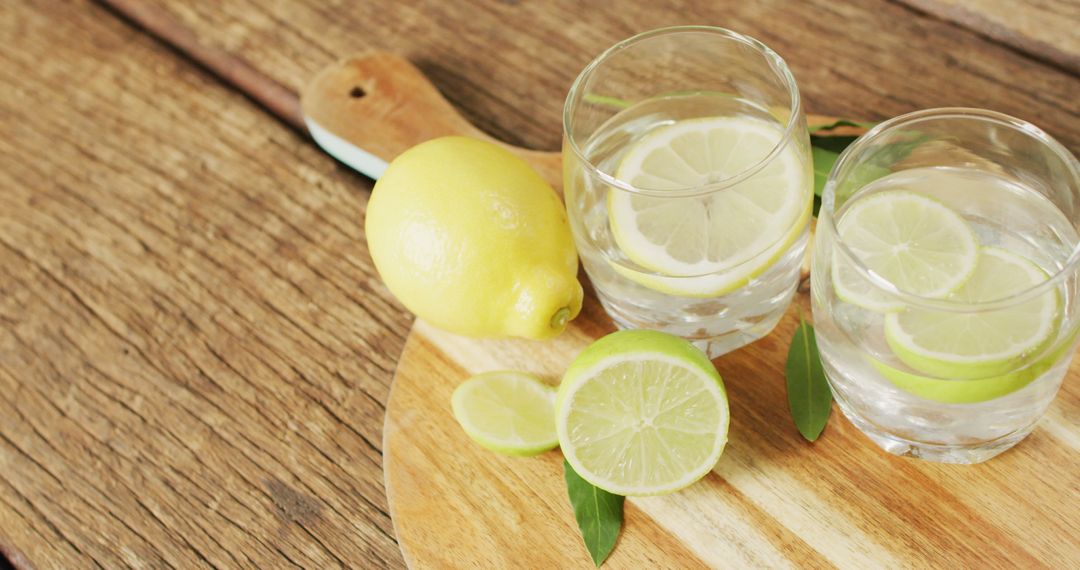Image of glasses with lemonade and lemons on wooden board and wooden surface - Free Images, Stock Photos and Pictures on Pikwizard.com