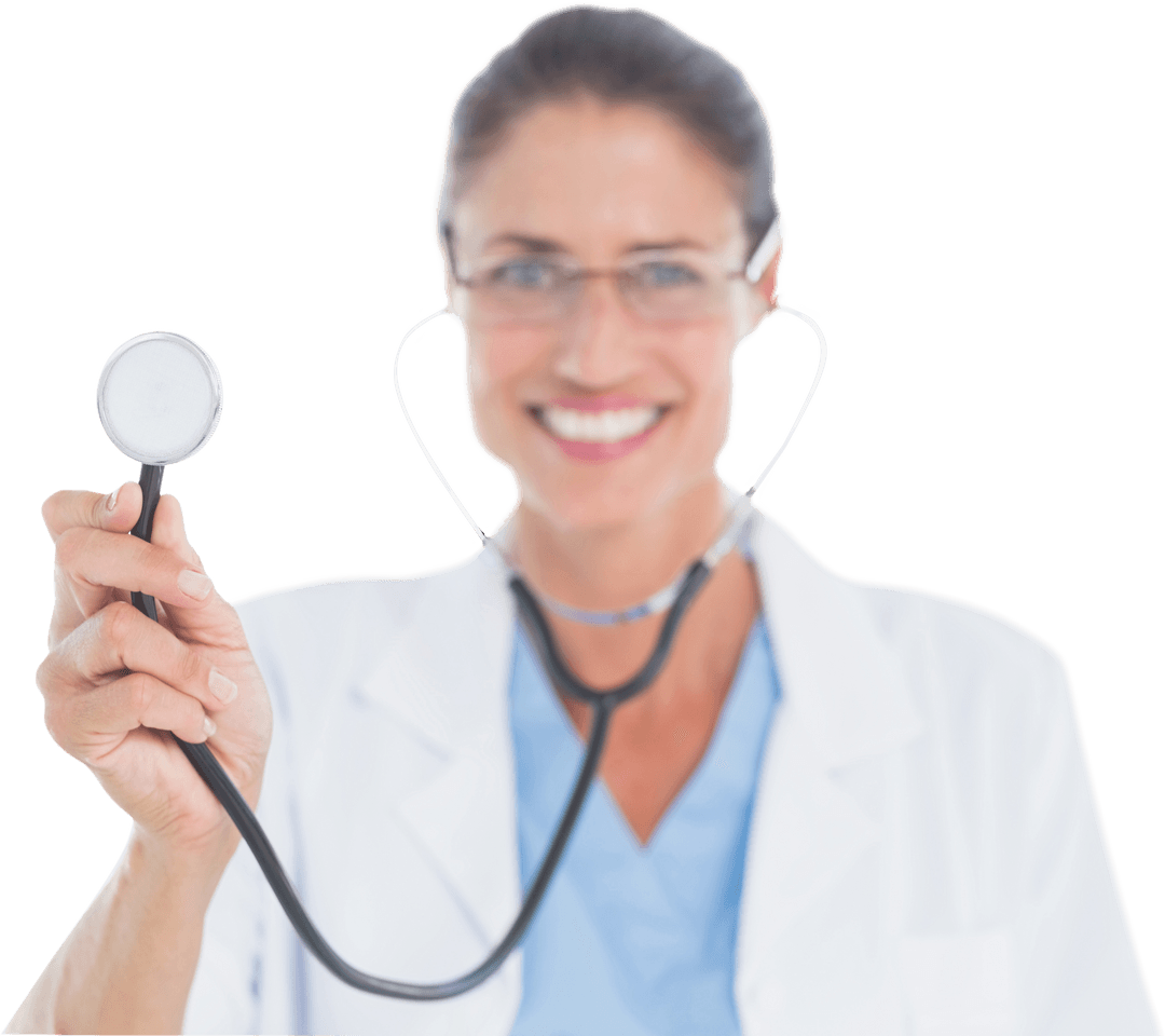 Transparent Doctor Smiling with Stethoscope Focus
