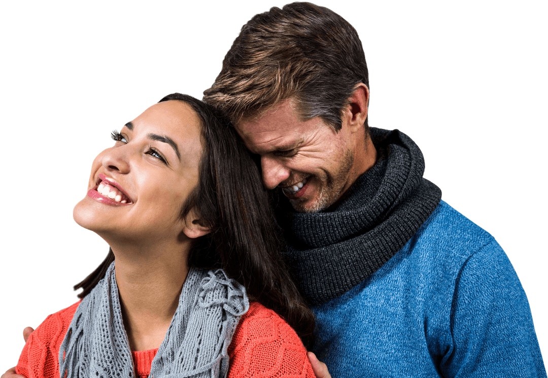Joyful Couple in Warm Sweaters on Transparent Background