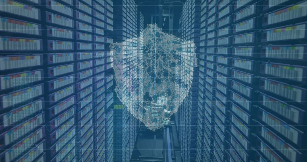 Cybersecurity Network Shield with Data in Server Room