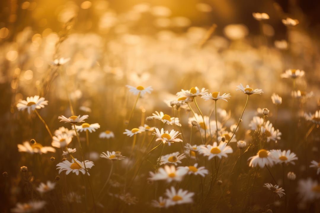 Close up of meadow with multiple white daisies and sunlight created using generative ai technology - Free Images, Stock Photos and Pictures on Pikwizard.com