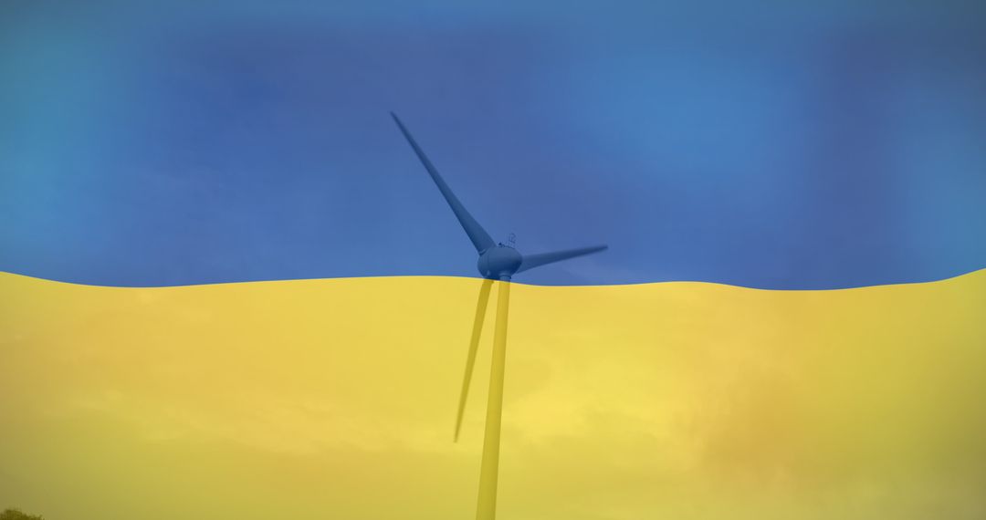 Ukraine Flag Overlay on Wind Turbine, Symbolizing Energy and Crisis