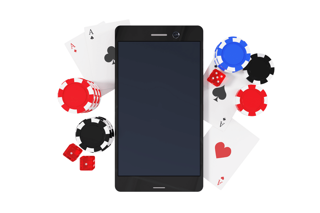 Transparent Smartphone Surrounded by Playing Cards and Casino Tokens