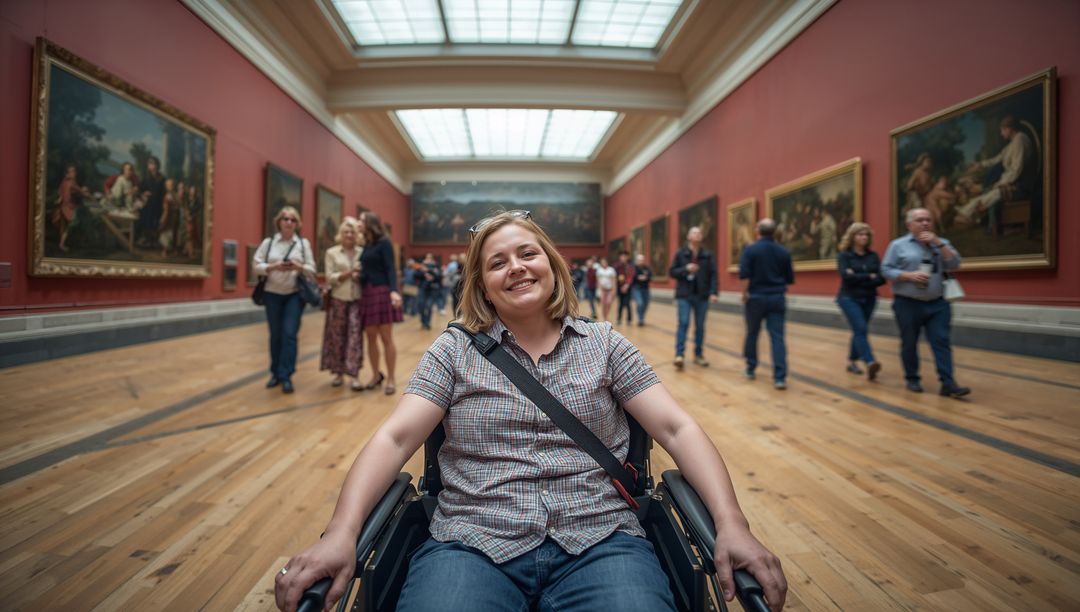 Smiling Woman in Wheelchair Enjoying Art Gallery