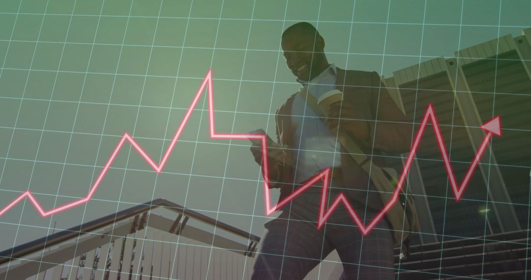 Smiling Professional Checks Smartphone with Data Art Overlay on Stairs