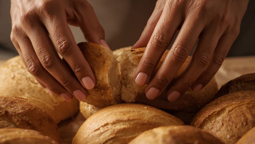 Hands Tearing Crusty Artisan Roll Closeup Showing Soft Crumb and Golden Rustic Texture