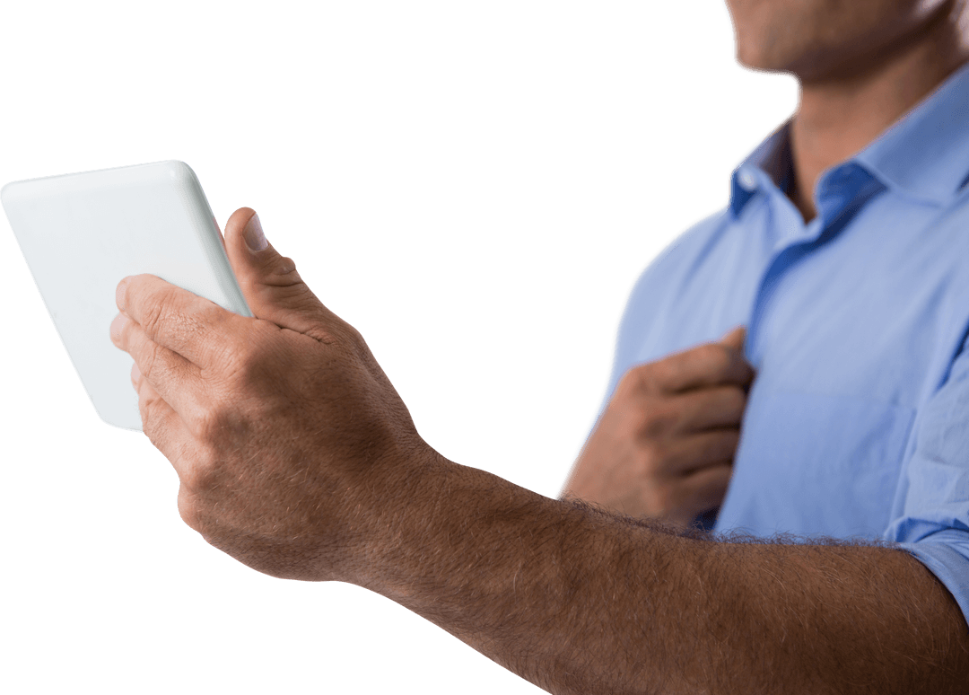 Businessman Using Tablet Transparent Background Close-Up