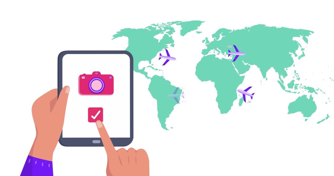 Hands Using Tablet with World Map and Airplanes