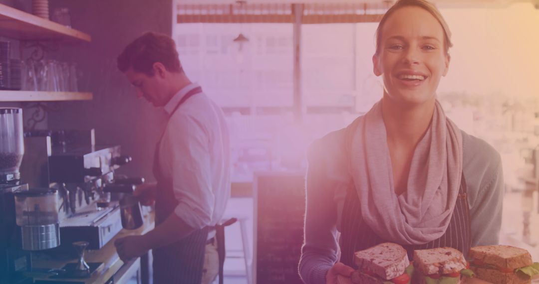 Smiling Cafe Worker Presenting Fresh Sandwiches