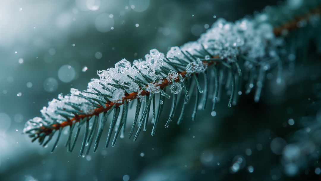 Glittering Frosty Spruce Branch with Snow Crystals