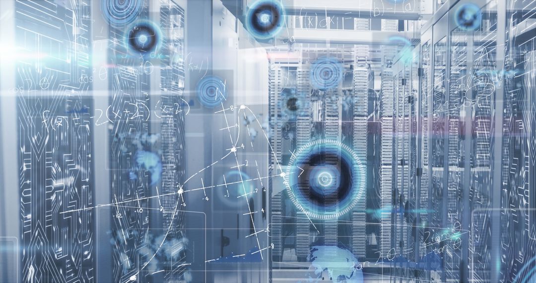 High-Tech Data Center with Digital Graphics and Network Nodes