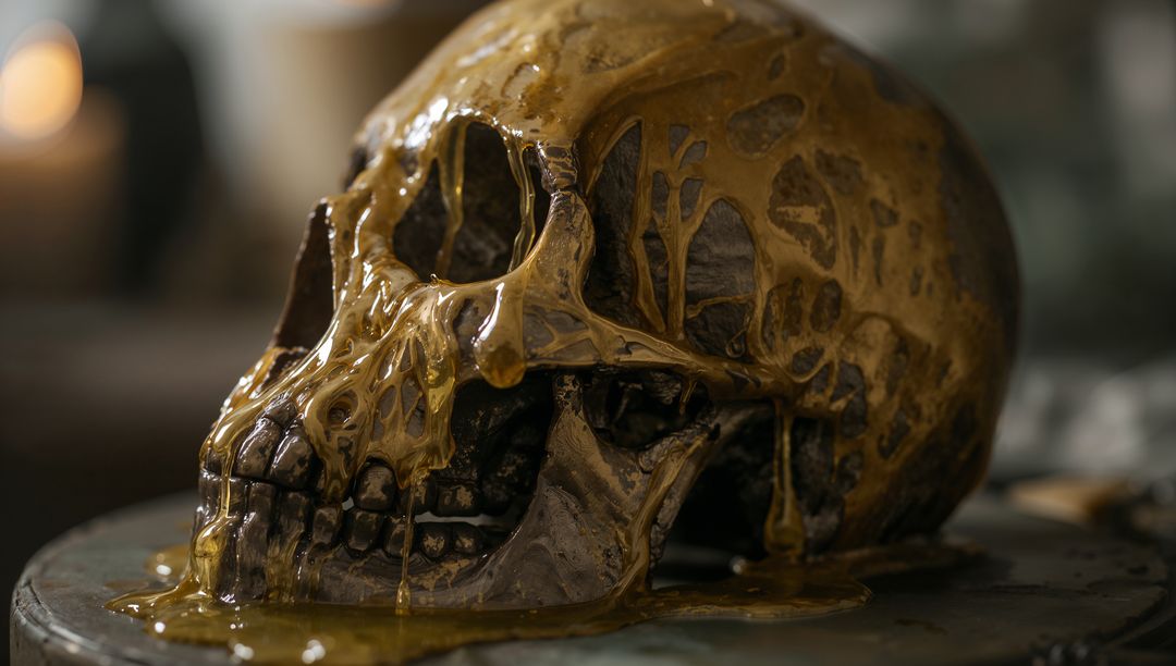 Melting Golden Wax Dripping from Human Skull in Dim Workshop
